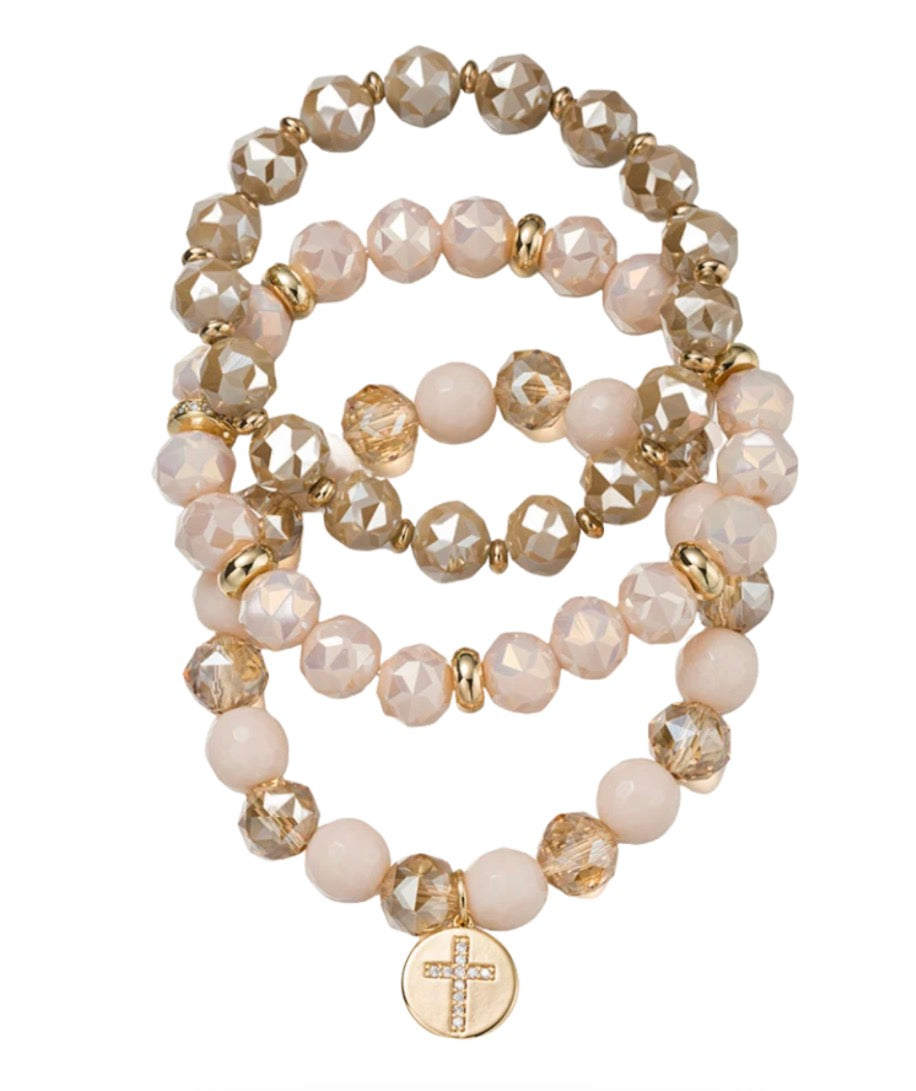 Jane Marie-Gold/Cream ,Set of 3 Faceted, Agate Beaded Bracelet with Gold Disk with Cross