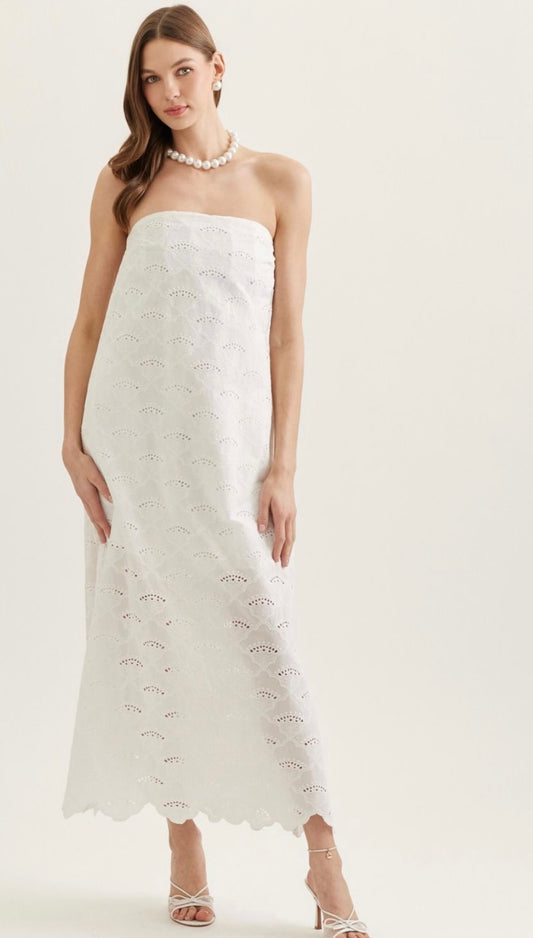 ENTRO White Strapless Eyelet Midi Dress