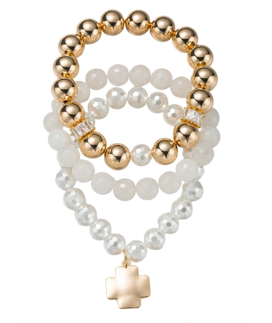 Jane Marie - Pearl /Gold Set of 3 Faceted, Agate Beaded Bracelet with Gold Cross