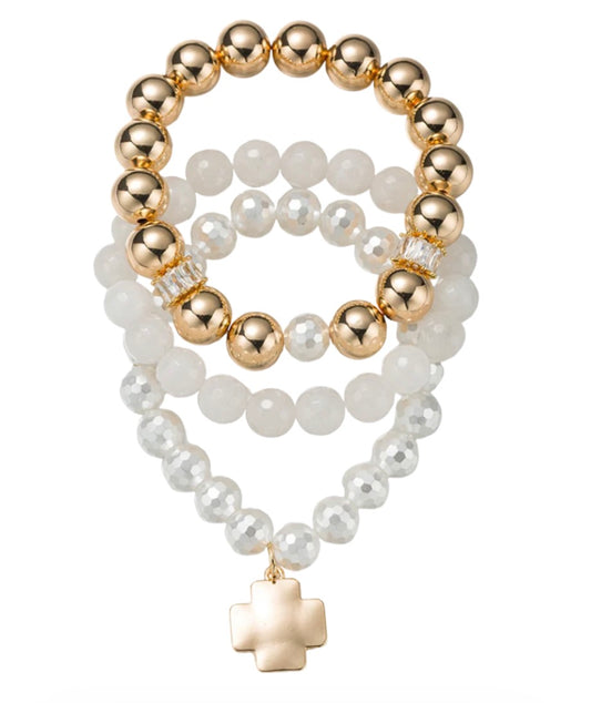 Jane Marie - Pearl /Gold Set of 3 Faceted, Agate Beaded Bracelet with Gold Cross