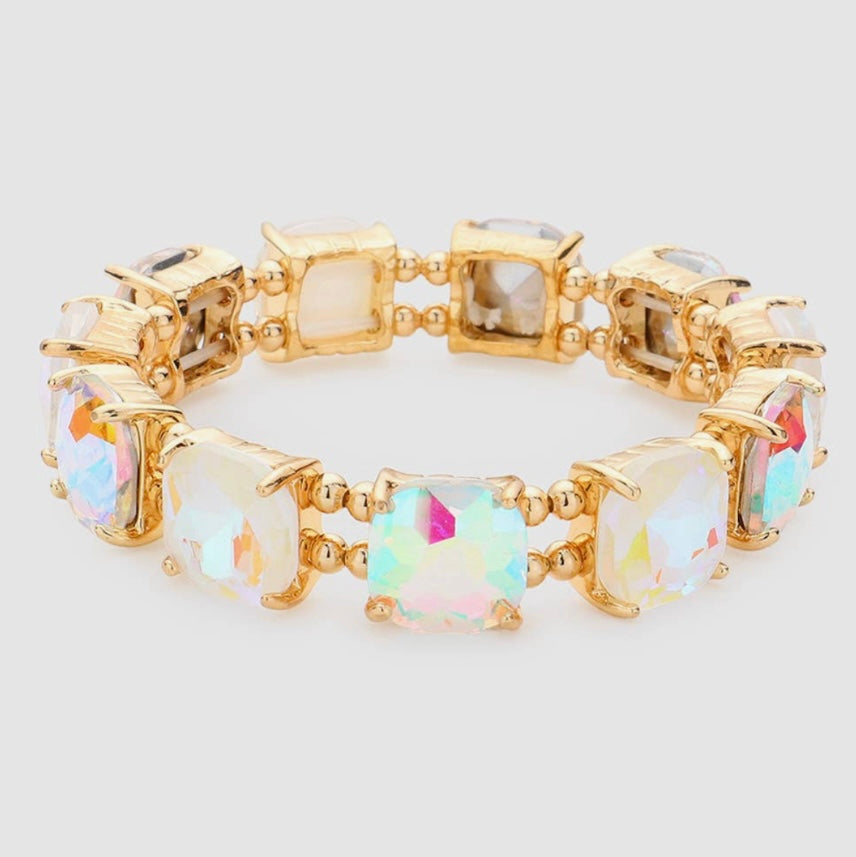 White AB Cushion Square Stone Stretch Bracelet
