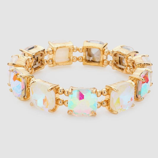 White AB Cushion Square Stone Stretch Bracelet