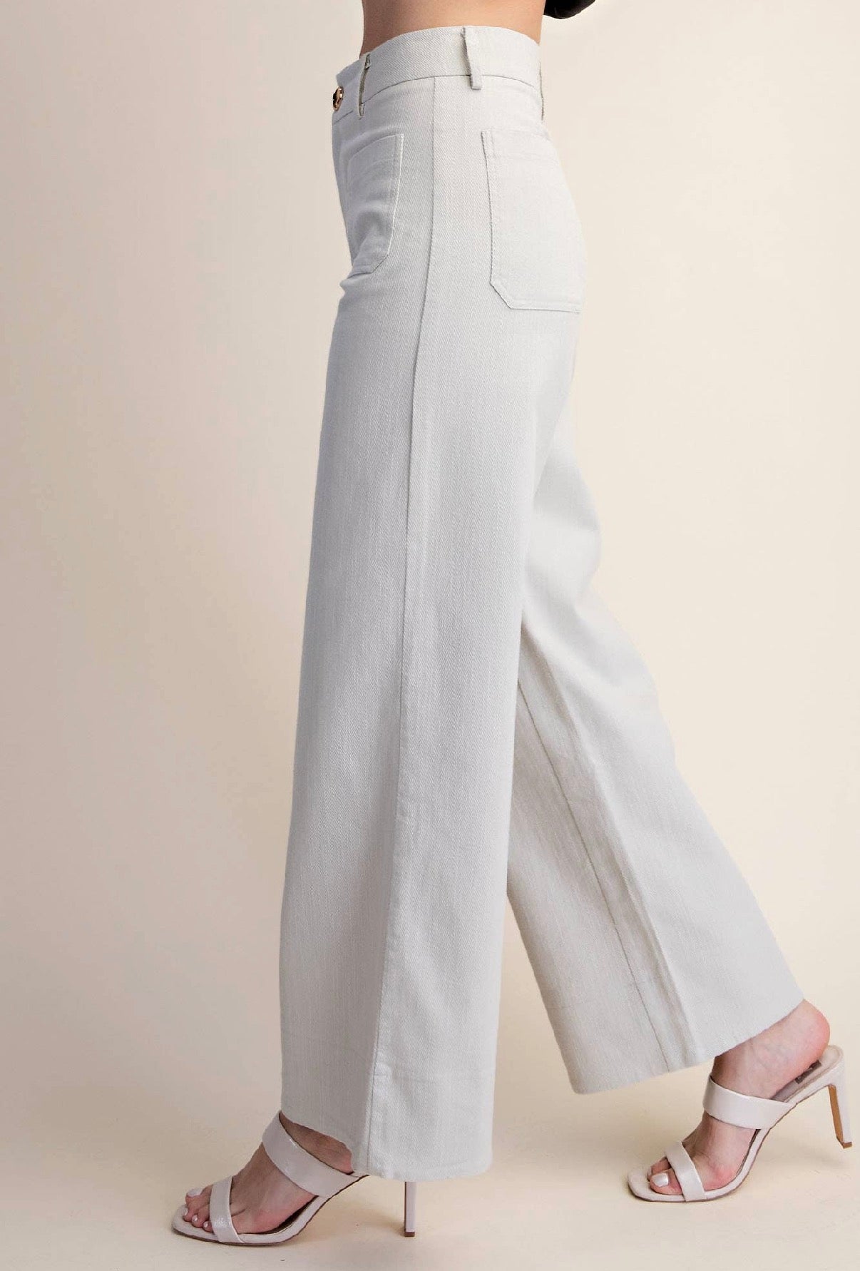Ecru-Stretchy Jeans High Rise Front Pocket Wide Leg