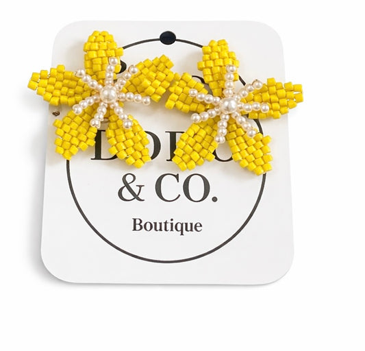 Yellow Beaded Flower Earrings
