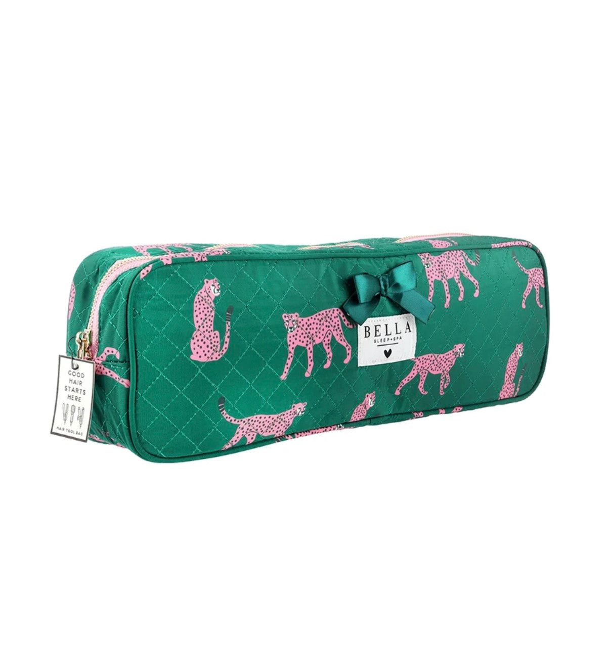 Quilted Hair Tool Bag - Green + Cheetahs