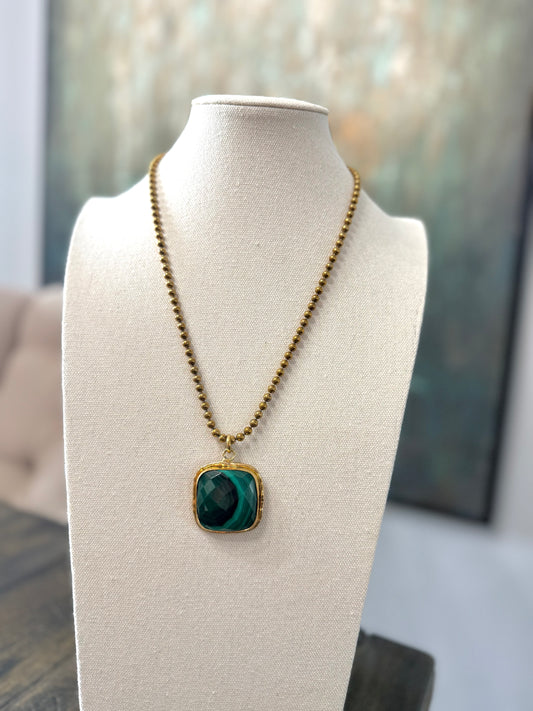 Malachite Gemstone on Vintage Brass Necklace