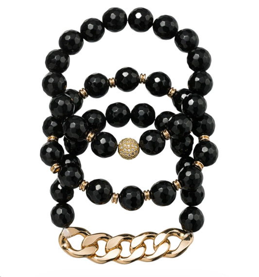 Jane Marie -Black -Set of 3, Beaded Bracelet with Gold Chain Accent