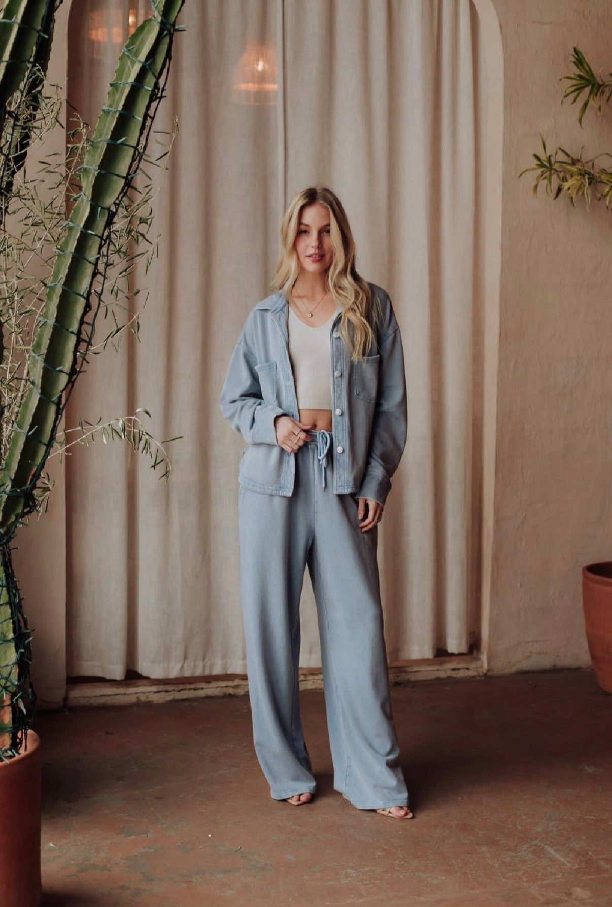 Panache Apparel Co. - Lt. Blue Washed Soft Sweatpants & Cropped Button Up Set