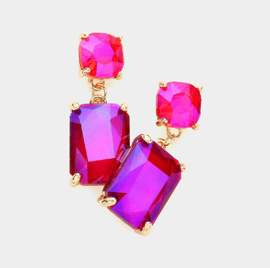 Pink Square Rectangle Glass Stone Drop Earrings