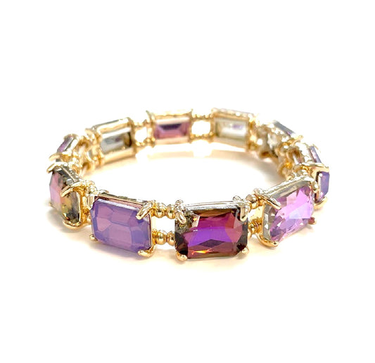 Purple Emerald Cut Crystal Glass Bead Stretched Bracelet