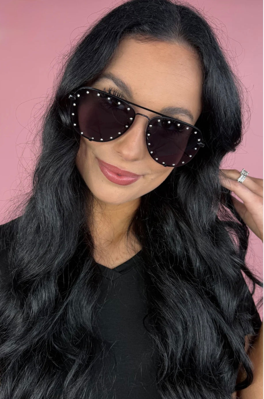 Hollywood Studded Aviator Sunglasses-Black