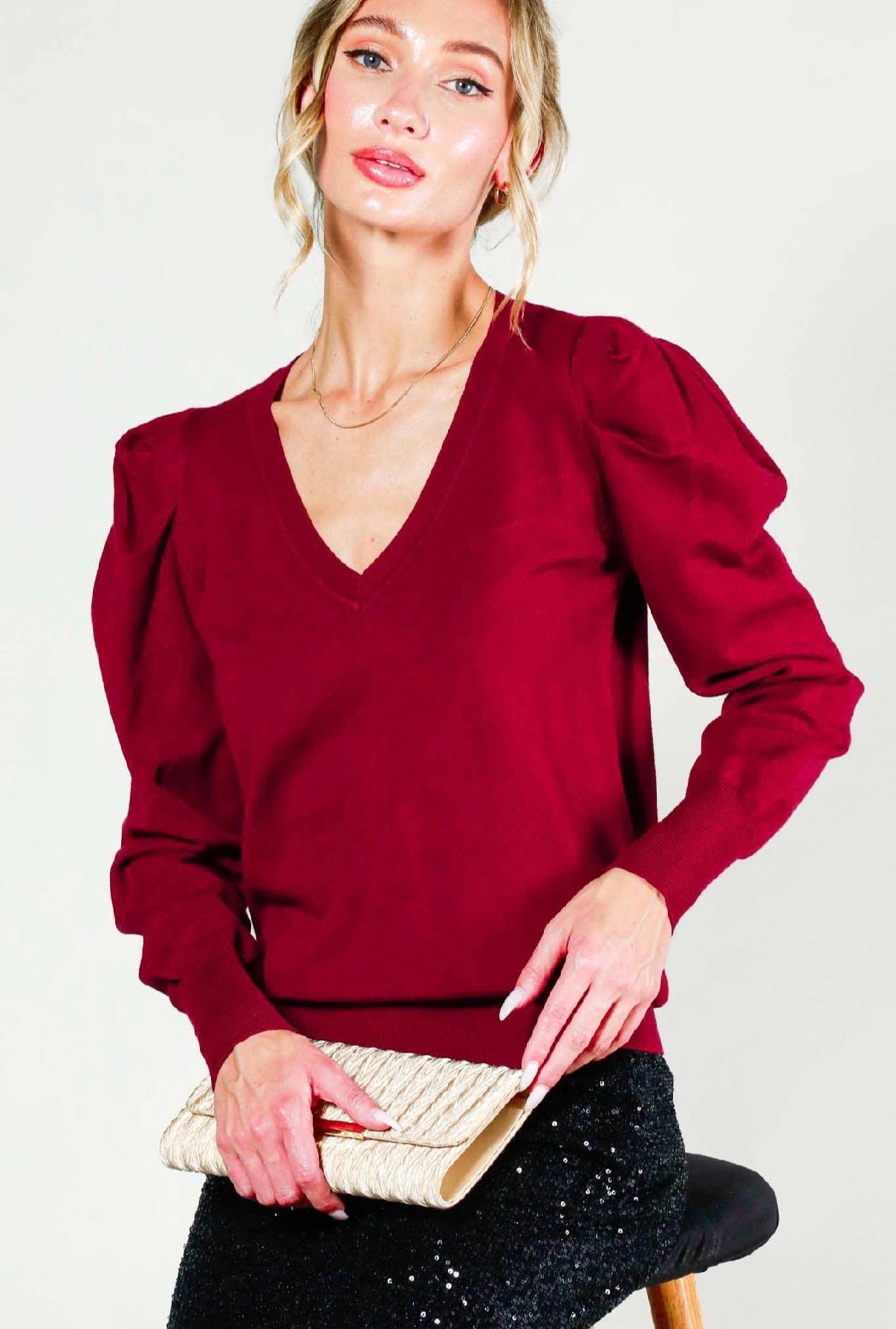 Burgundy -V-Neckline Puff Sleeve Knitted Sweater