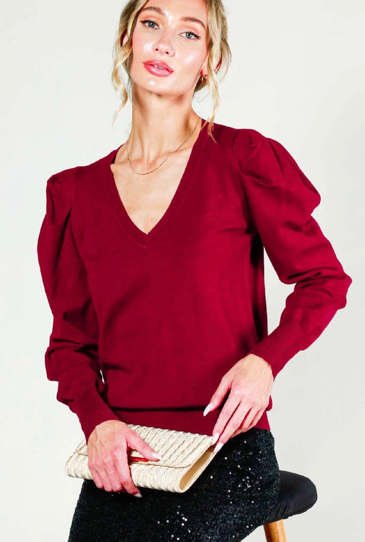 Burgundy -V-Neckline Puff Sleeve Knitted Sweater