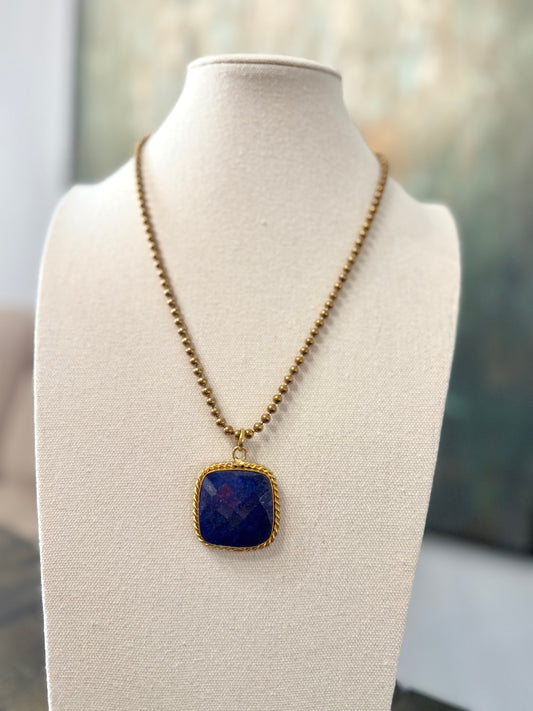 Lapis Lazuli Gemstone on Vintage Brass Necklace