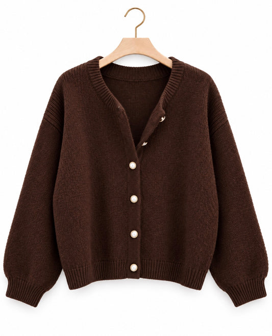 ENTRO Chocolate Brown Cardigan with Pearl Buttons