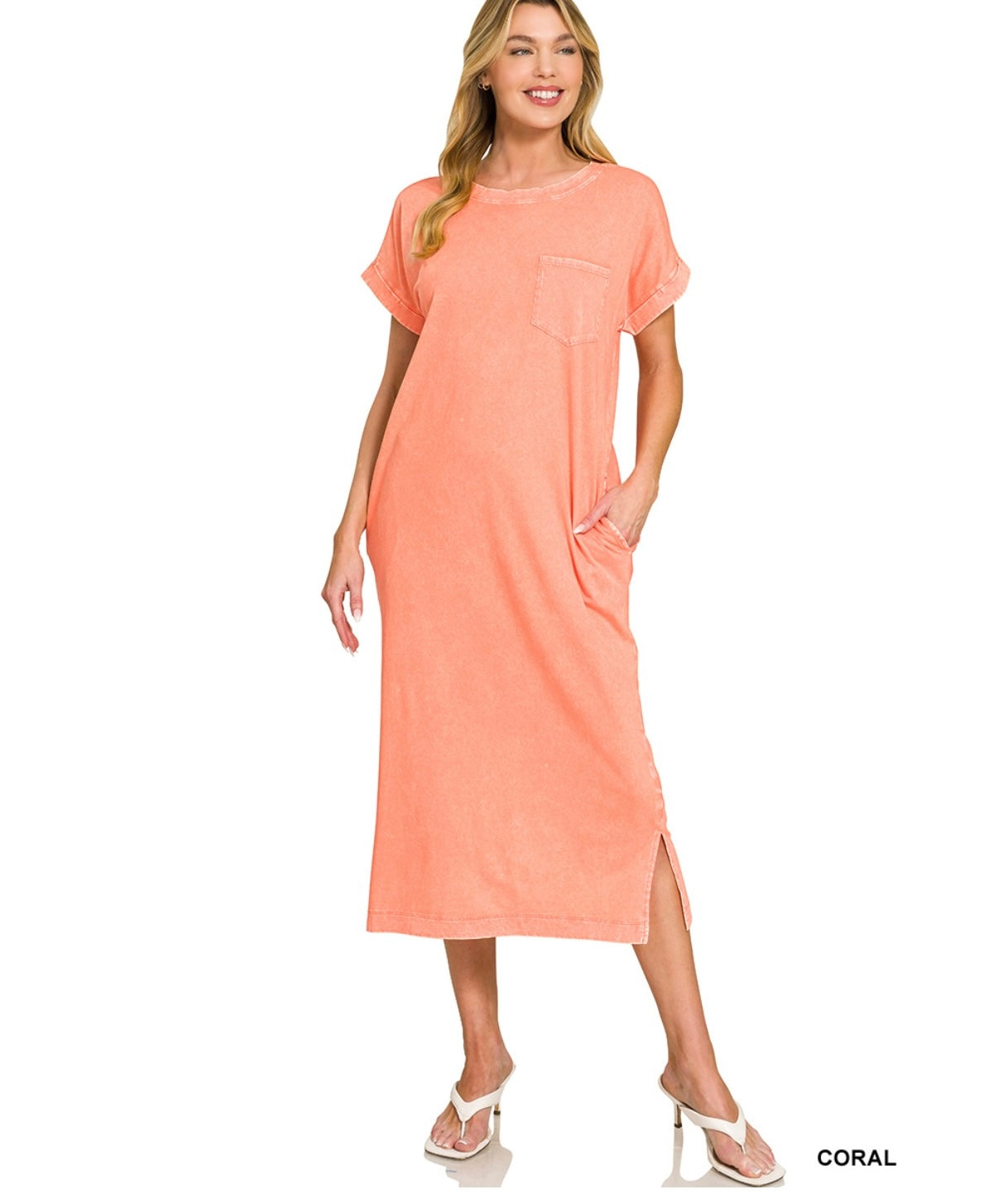 Coral Washed Short Sleeve Tshirt Dress