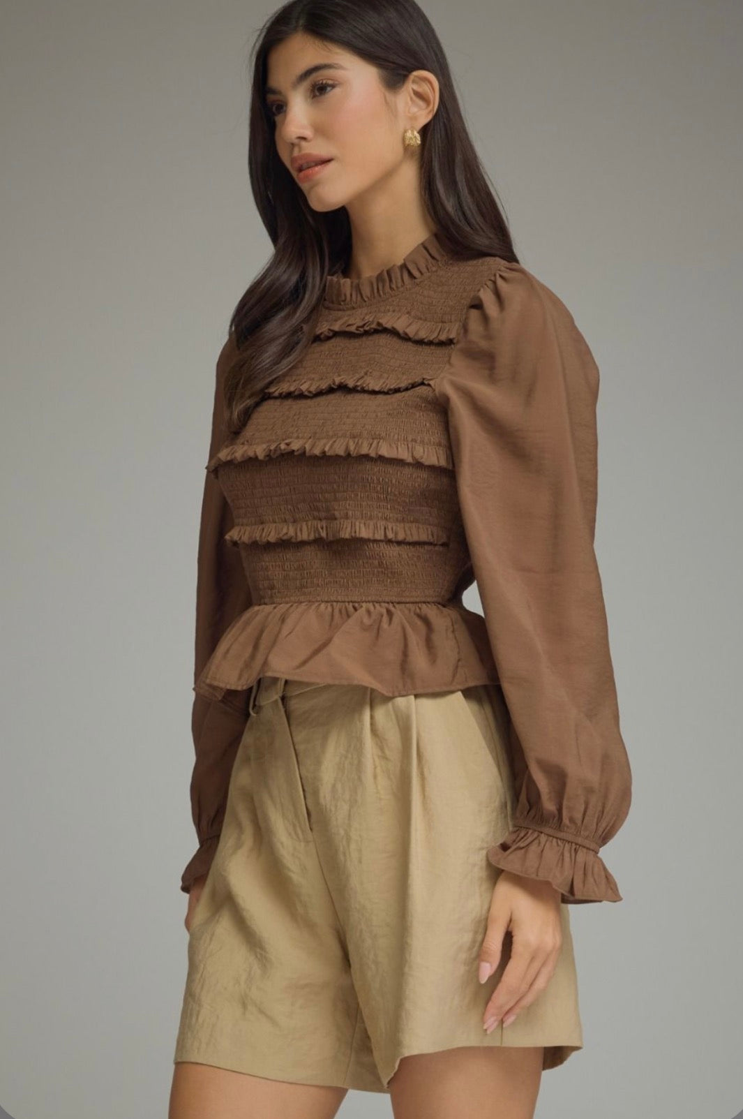 ENTRO -Brown Puff Sleeve Smocked Top