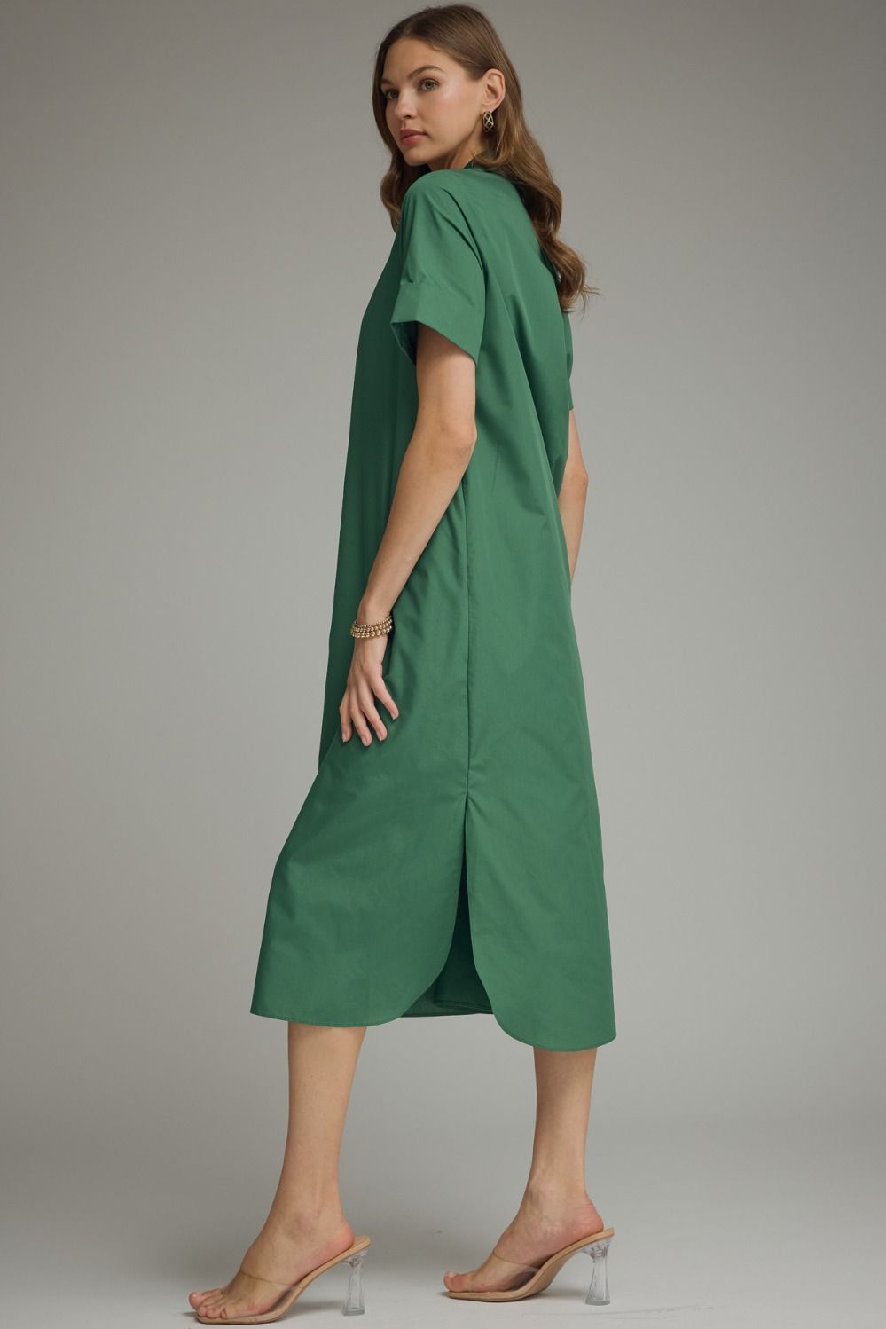 ENTRO Hunter Green Midi Dress with Gold Snaps