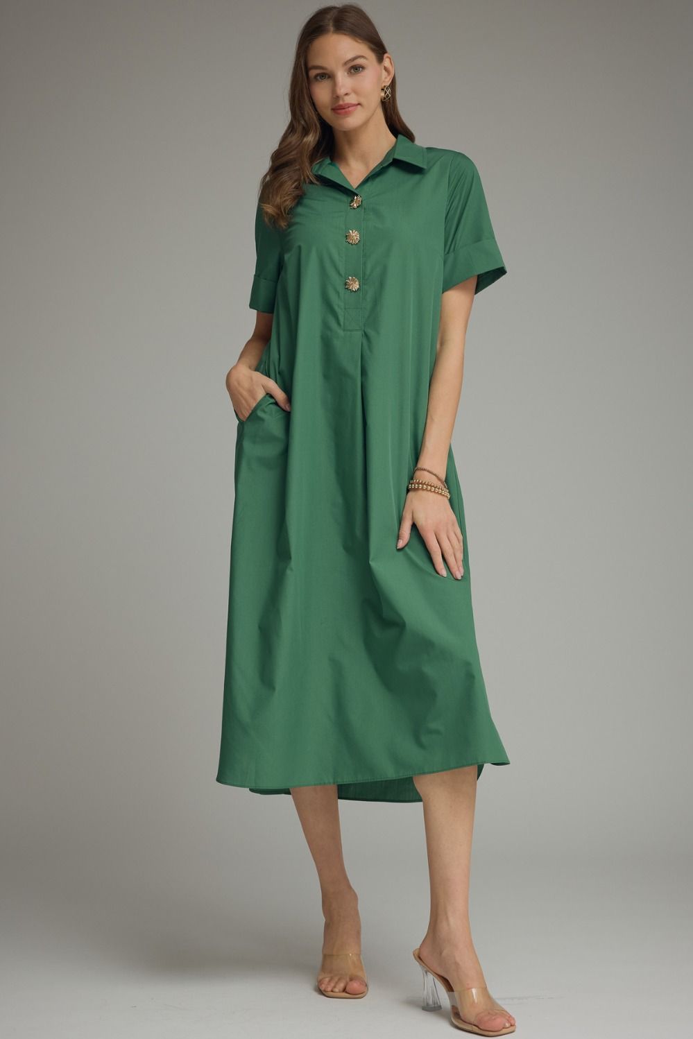 ENTRO Hunter Green Midi Dress with Gold Snaps
