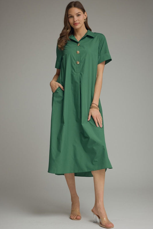 ENTRO Hunter Green Midi Dress with Gold Snaps