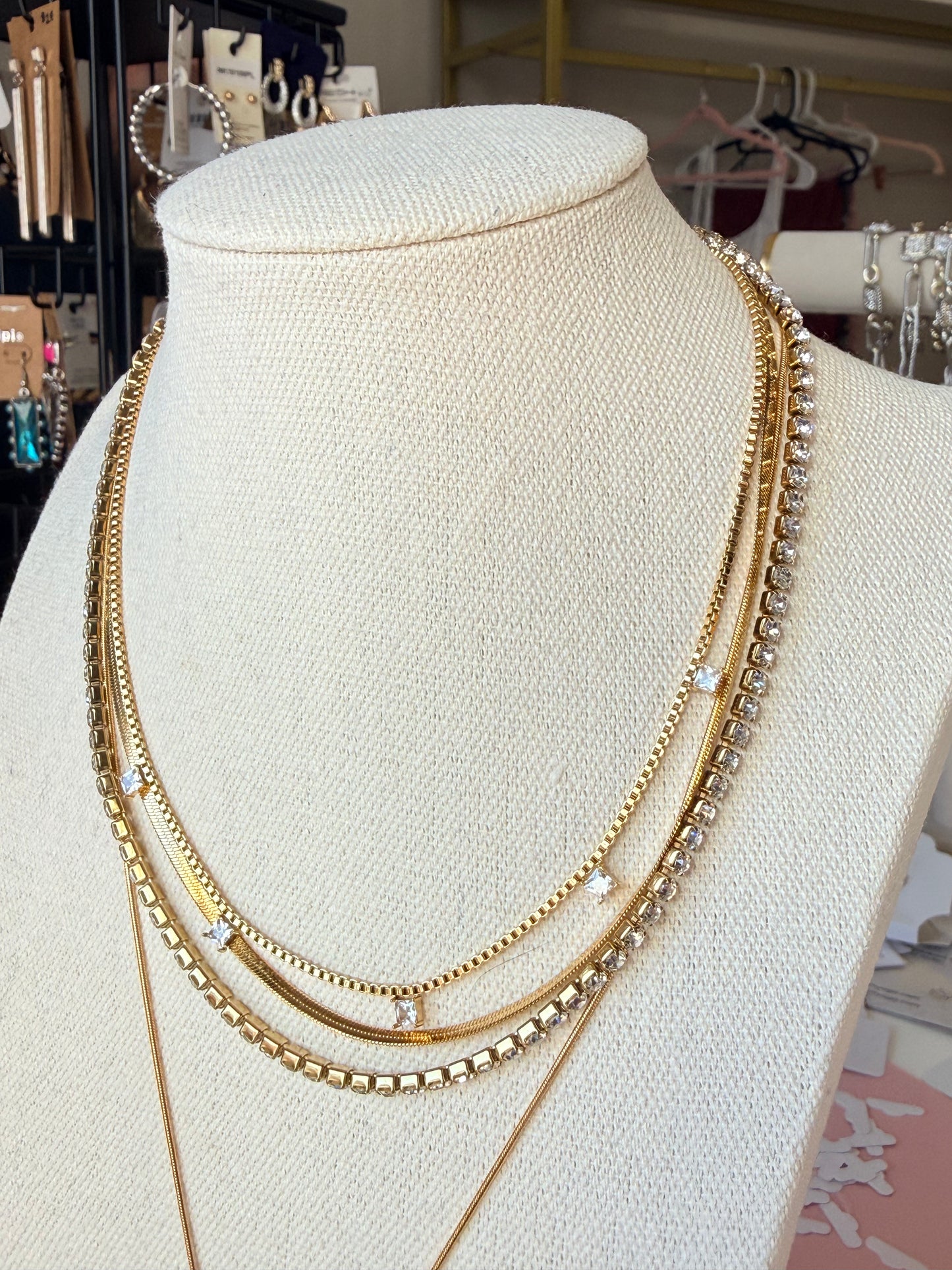 18k Gold Plated GOLD & RHINESTONE LAYERED NECKLACE