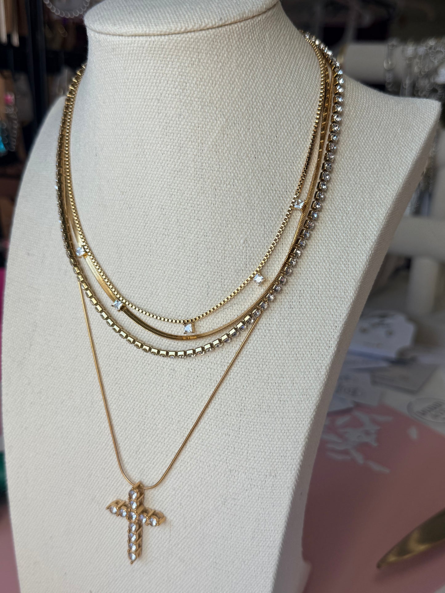 18k Gold Plated GOLD & RHINESTONE LAYERED NECKLACE