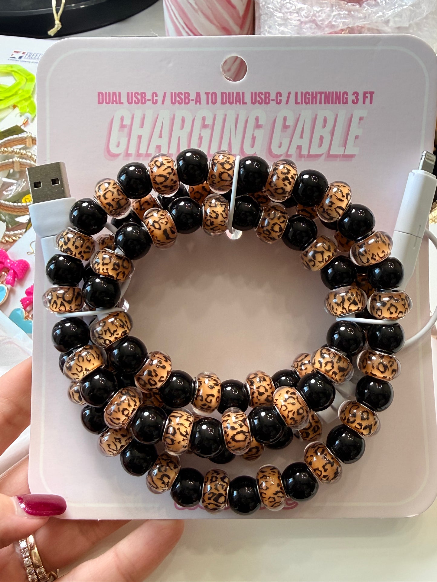 Leopard Print Beaded Car Charging Cord