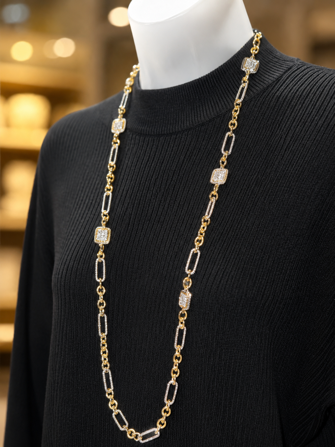 Silver & Gold Pave Squares Long Necklace