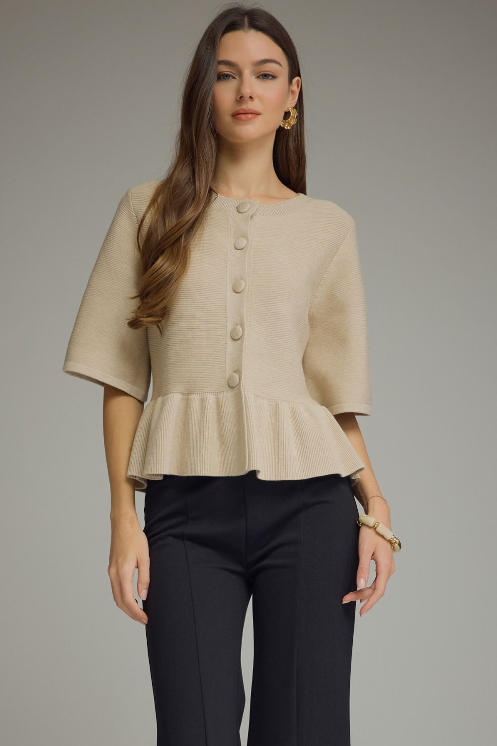 ENTRO-Ecru Babydoll Knit Cardigan