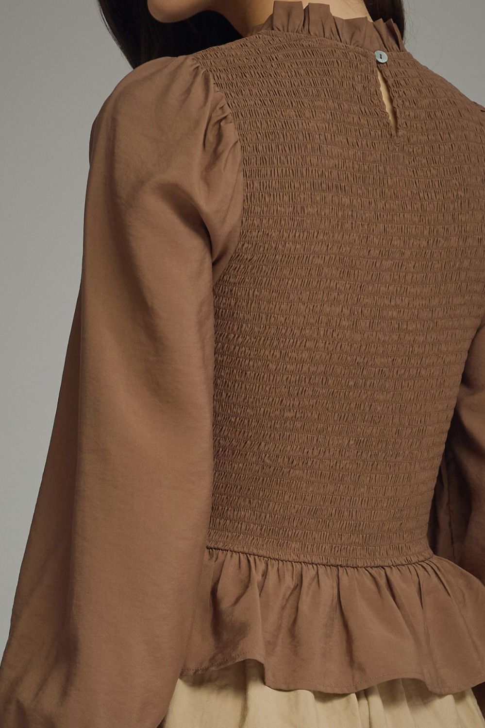 ENTRO -Brown Puff Sleeve Smocked Top