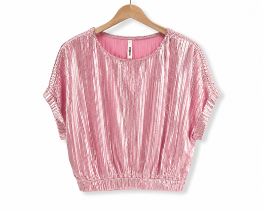 Pink Shiney Drop Shoulder Waist Band Crop Top