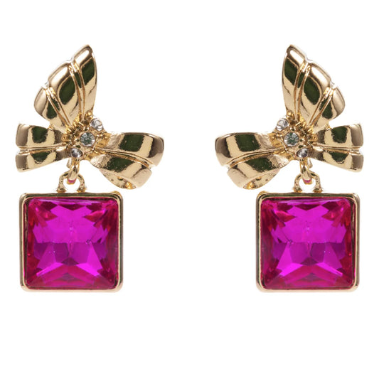 Jane Marie- Gold Bow Earring with Hot Pink Square Crystal