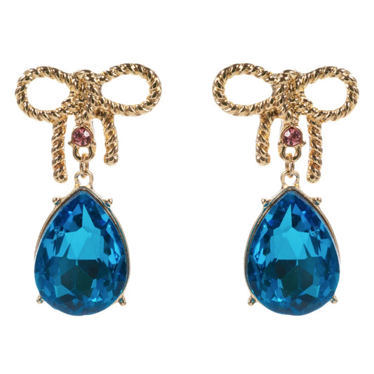 Jane Marie- Gold Bow Earring with Blue Crystal Teardrop
