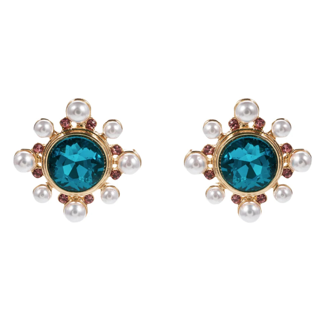 Jane Marie- Gold Blue Circle Crystal Earring with Pearl, Pink Outter Studs