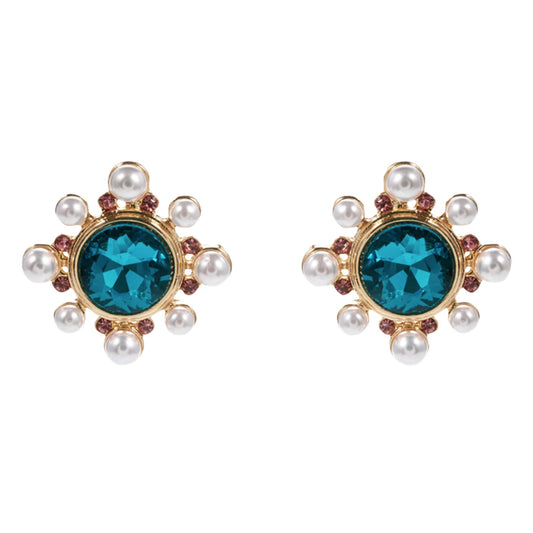 Jane Marie- Gold Blue Circle Crystal Earring with Pearl, Pink Outter Studs