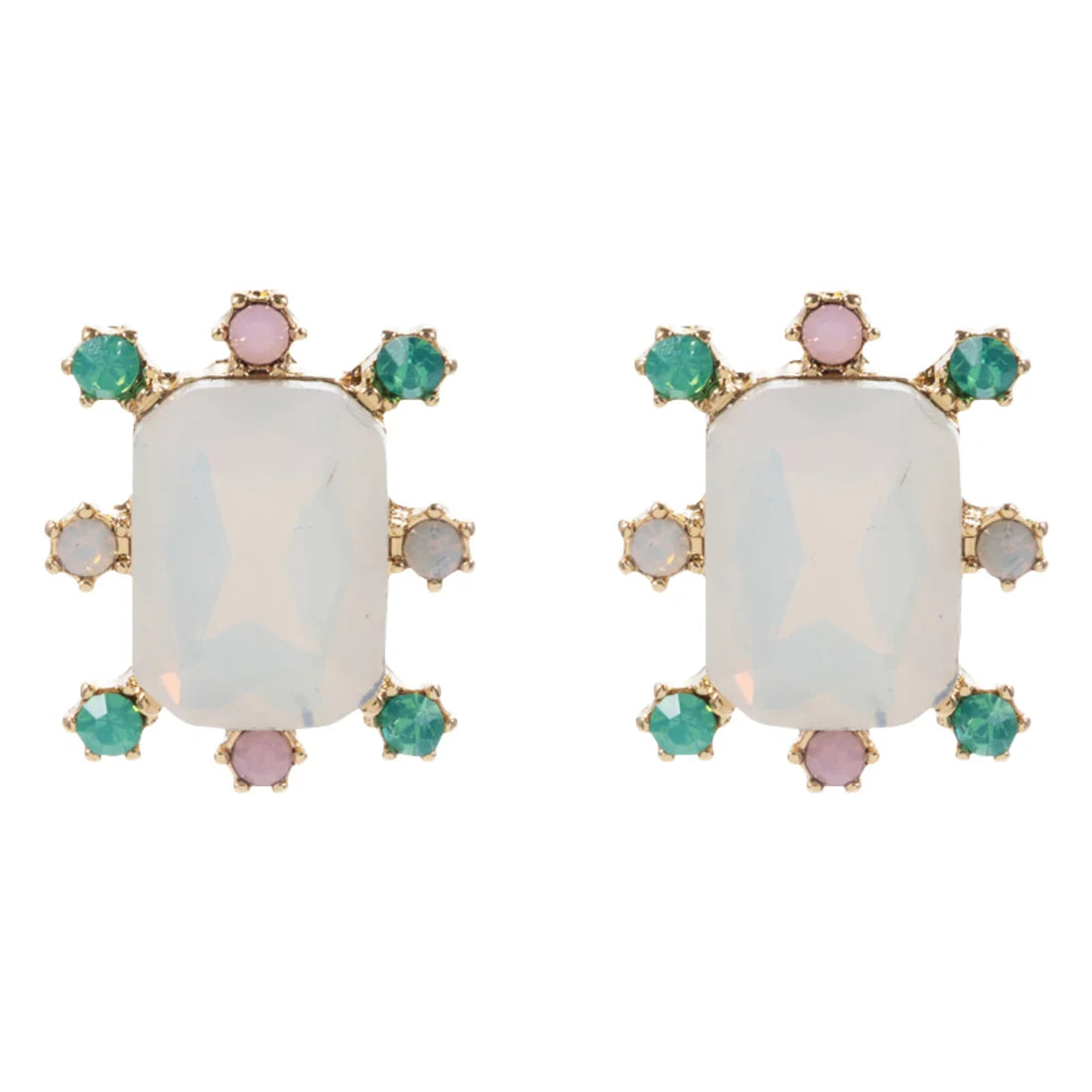 Jane Marie- Gold Moonstone Rectangle Earring with Mint, Pink Outter Studs