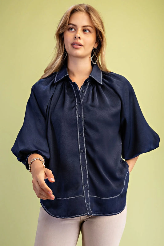 Navy Balloon Sleeve Button Down Blouse
