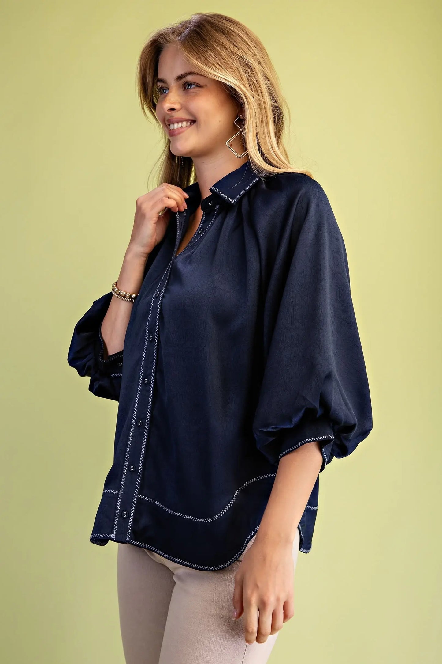 Navy Balloon Sleeve Button Down Blouse