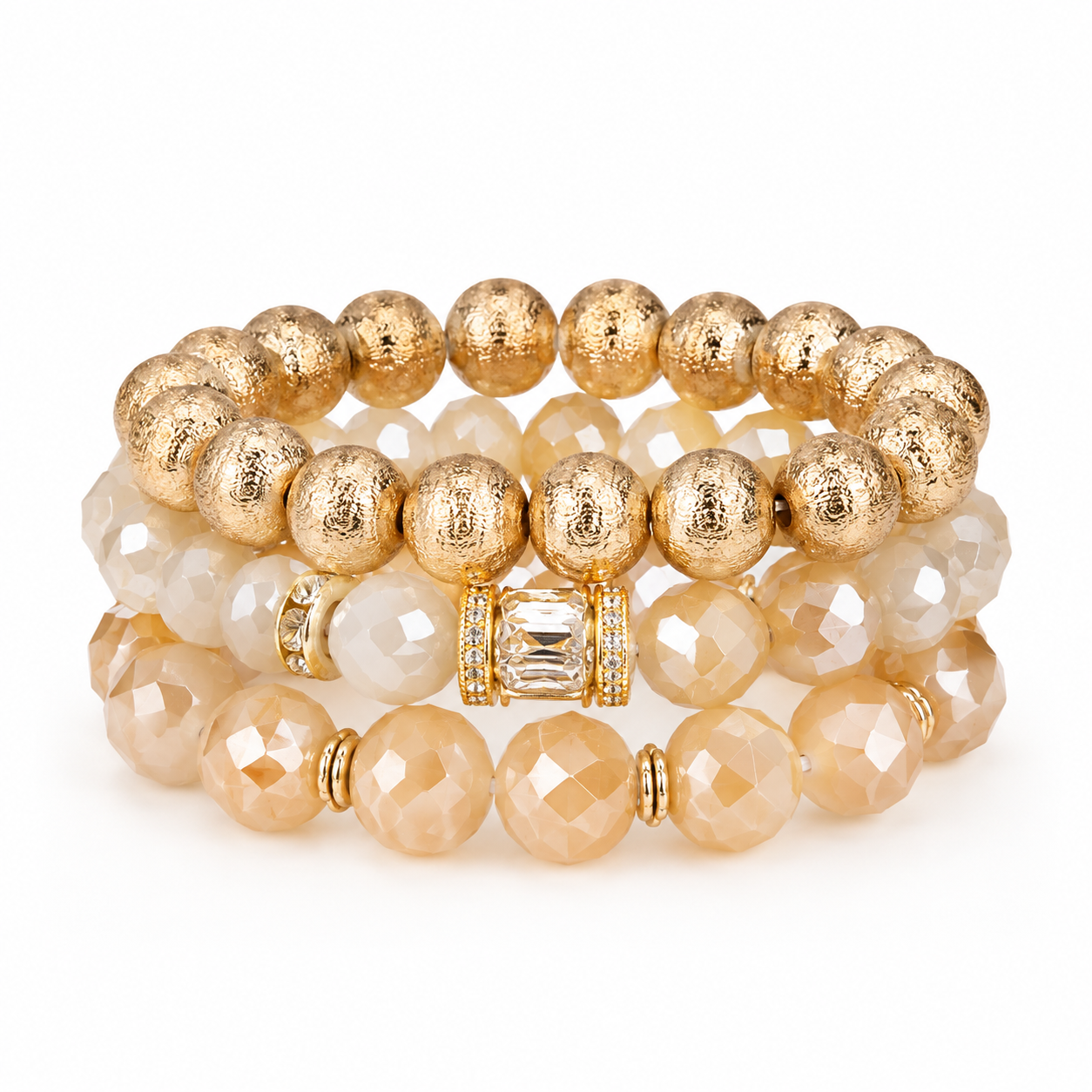 Jane Marie- Gold w Crystal Link , set of 3 Agate , Faceted Beaded Bracelets