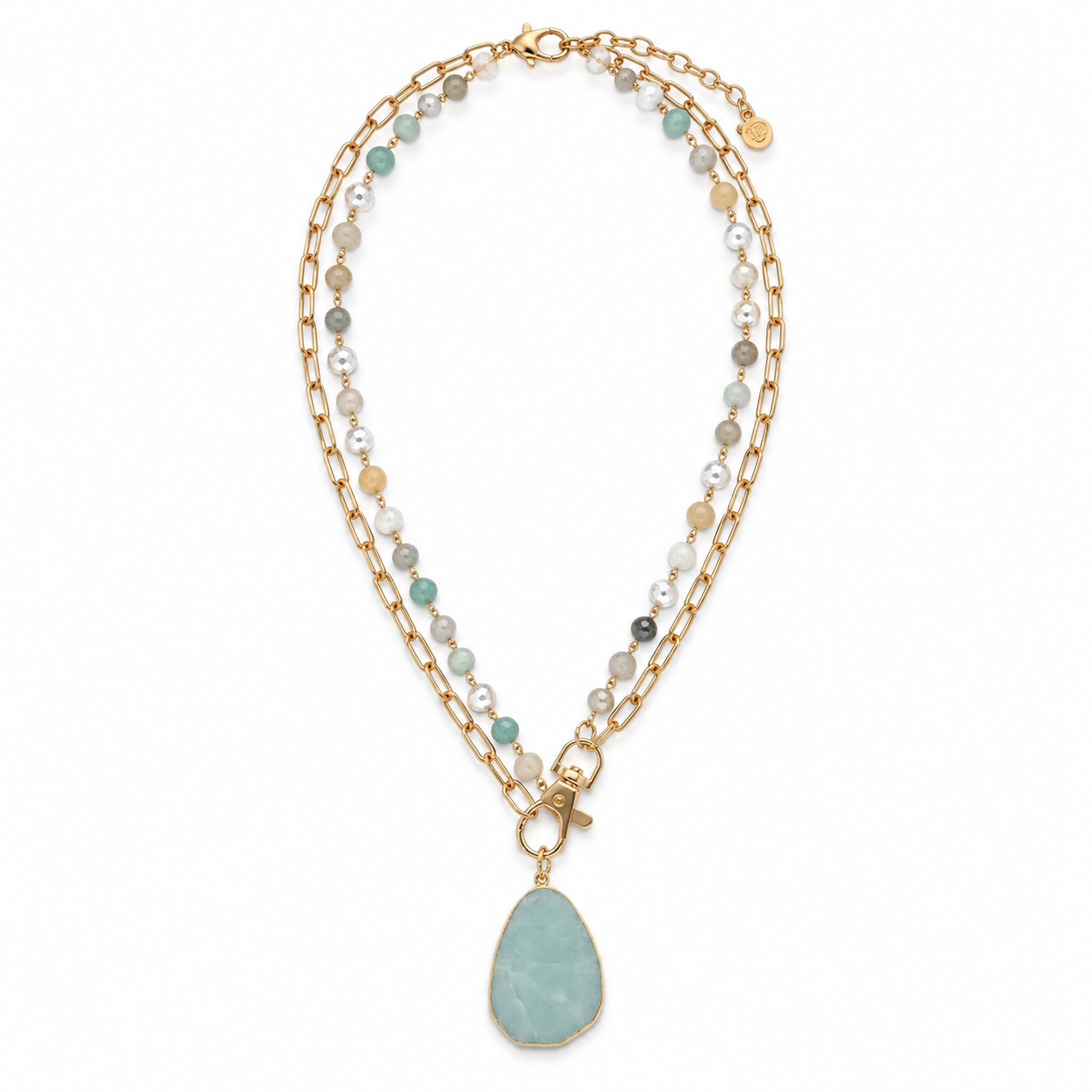 Jane Marie- 2 Strand -Long Paperclip Chain & Semi Precious Beaded Necklace with Amazonite Pendant