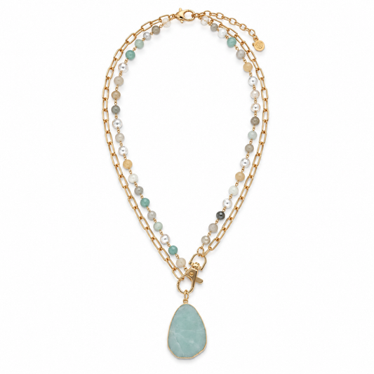 Jane Marie- 2 Strand -Long Paperclip Chain & Semi Precious Beaded Necklace with Amazonite Pendant