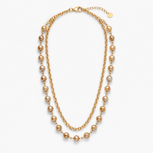 Jane Marie- 2 Strand Gold Chain & Tan Beaded Necklace