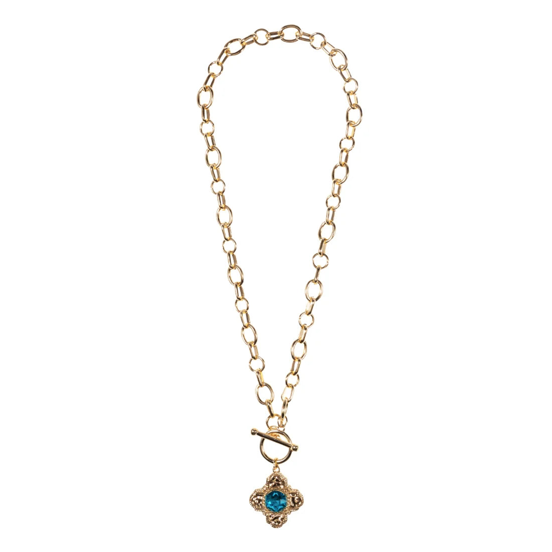 Jane Marie-Gold Mixed Cable Chain Necklace with Gold Rounded Cross with Blue Crystal