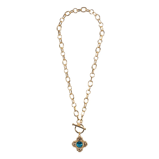 Jane Marie-Gold Mixed Cable Chain Necklace with Gold Rounded Cross with Blue Crystal