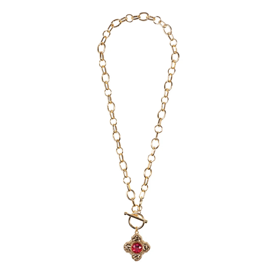 Jane Marie-Gold Mixed Cable Chain Necklace with Gold Rounded Cross with Pink Crystal
