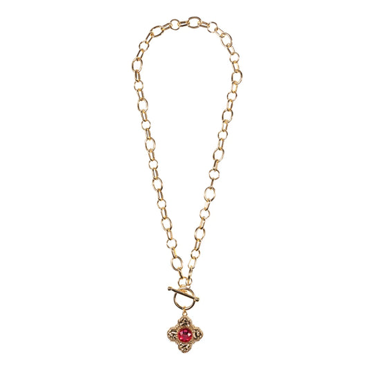 Jane Marie-Gold Mixed Cable Chain Necklace with Gold Rounded Cross with Pink Crystal
