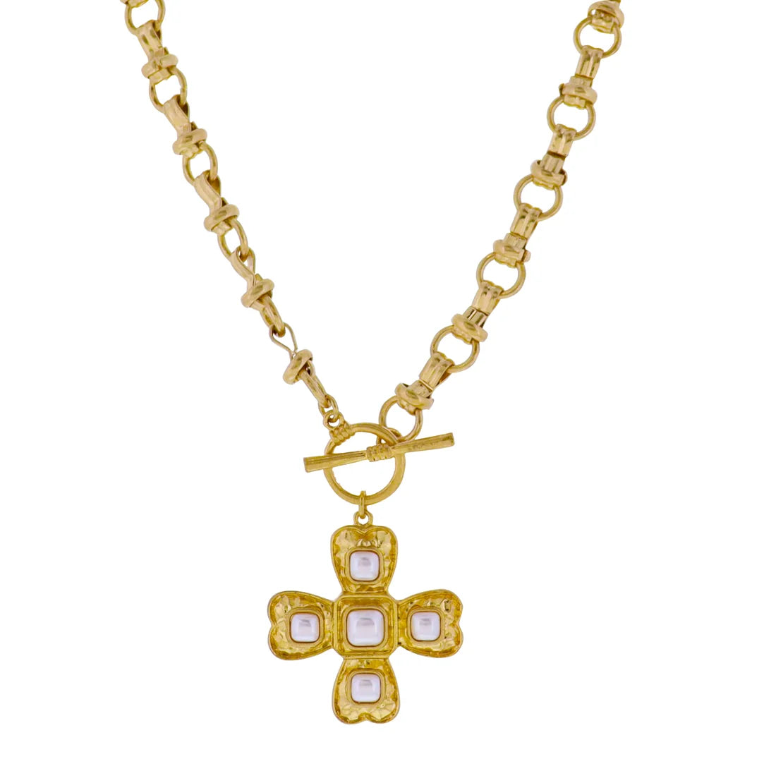 Jane Marie-Gold Double Connector Rolo Chain Necklace with Pearl Accents Artisan Cross