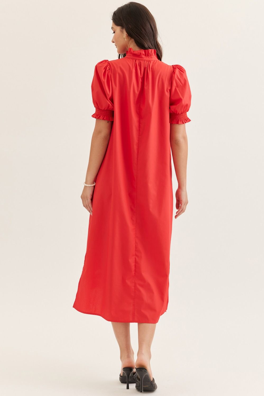 ENTRO Red Midi Dress with Embroidered scallop hem