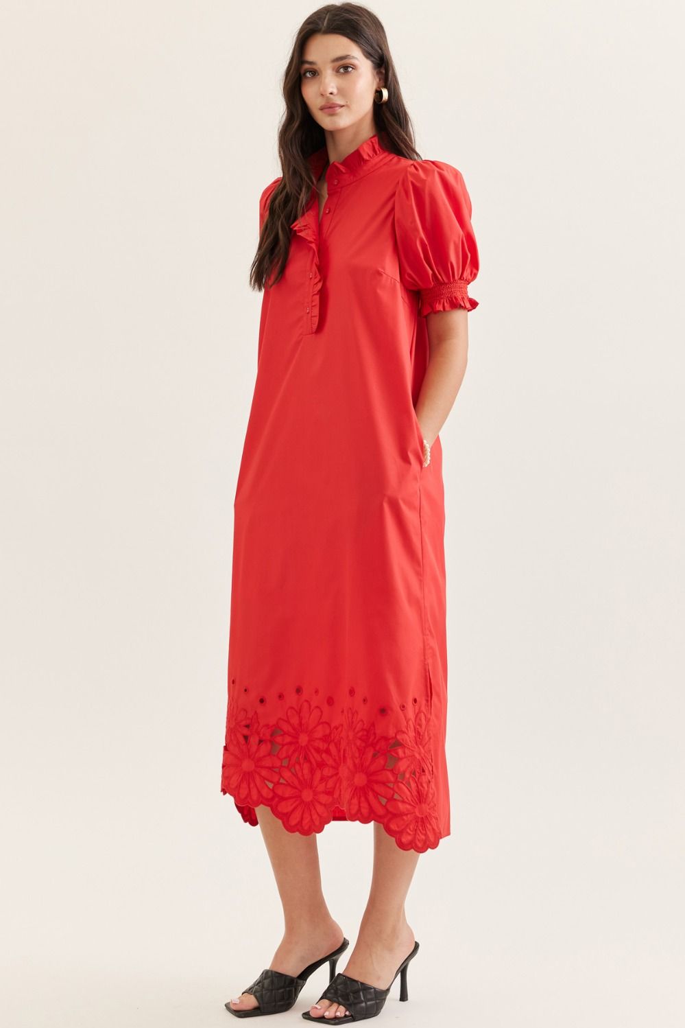 ENTRO Red Midi Dress with Embroidered scallop hem