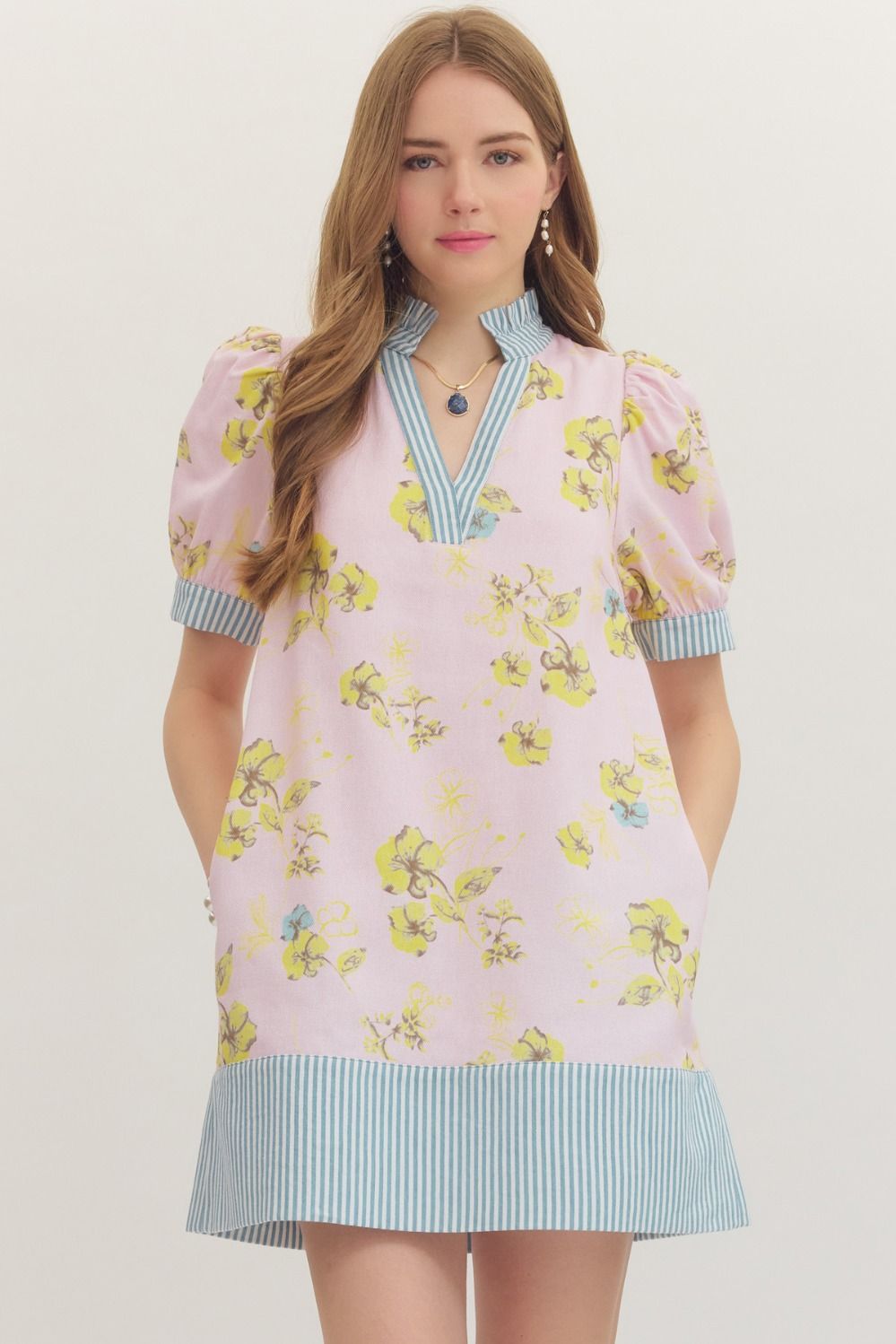 ENTRO Pink Floral Denim Dress